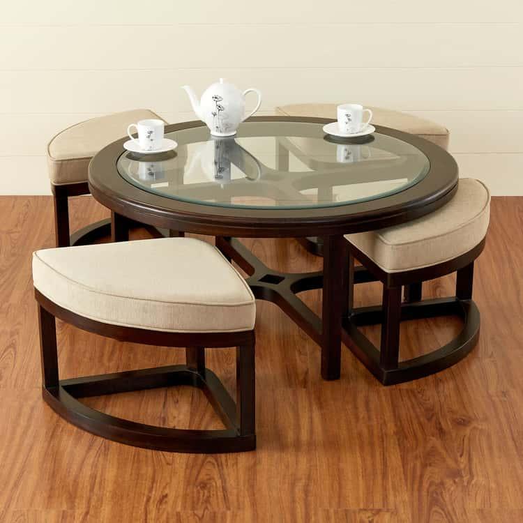 Glass Top Coffee Table with Stools - Brown