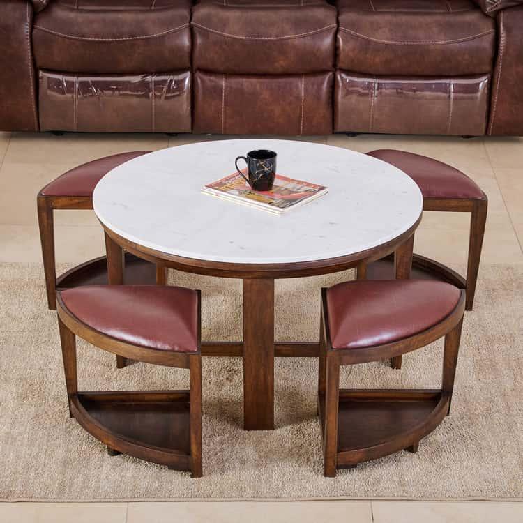 Marble Top Coffee Table with Stools - Brown