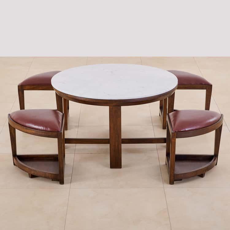 Marble Top Coffee Table with Stools - Brown