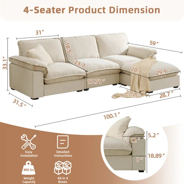 Wide L-Shaped Sofa Comfy Cloud Couch Chenille Upholstered Sofa 4 Seater Sofa For Living Room