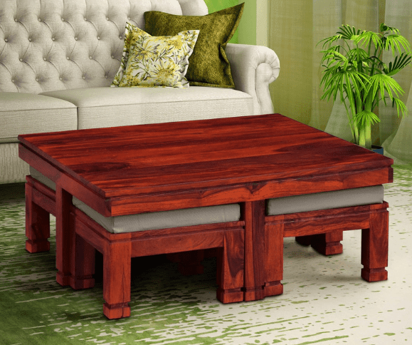 Sheesham Wood coffee table with 4 stools for Living Room and Office