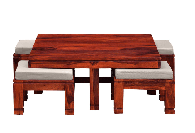 Sheesham Wood coffee table with 4 stools for Living Room and Office