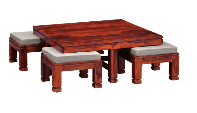 Sheesham Wood coffee table with 4 stools for Living Room and Office