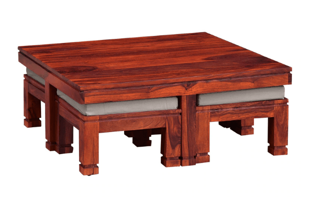 Sheesham Wood coffee table with 4 stools for Living Room and Office