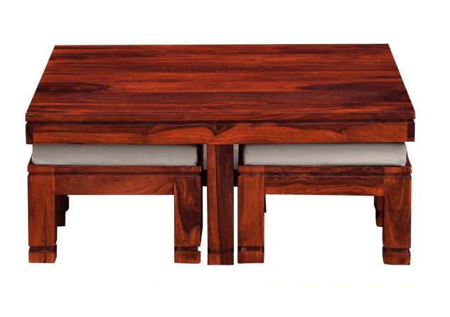 Sheesham Wood coffee table with 4 stools for Living Room and Office