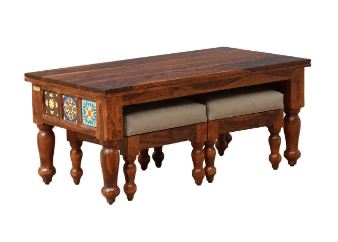 Sheesham Wood Coffee Table with Two Stools (Walnut Finish)