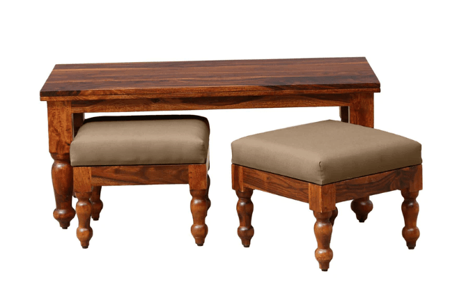 Sheesham Wood Coffee Table with Two Stools (Walnut Finish)