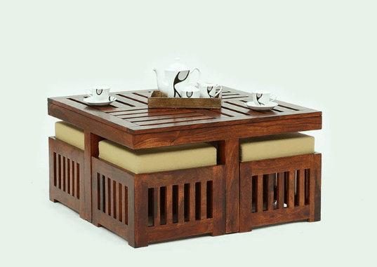 Solid Wooden Coffee Table With 4 Stools – Natural Finish