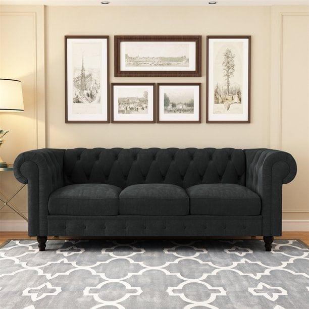 3 Seater Chesterfield Couch Furniture,Classic Velvet Upholstered Sofa with Deep Tufted Back and Scroll Arms
