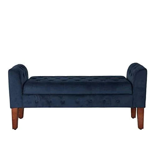 Navy Velvet Storage Bench/Settee Blue Solid Glam Foam Cherry Finish Tufted