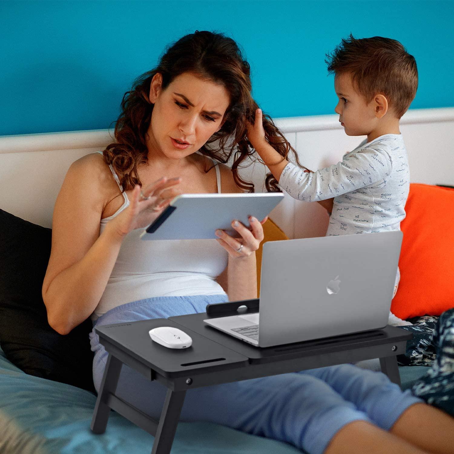 Foldable Wooden Laptop Desk Tray – With Drawer, Slots & Multi-Use Design