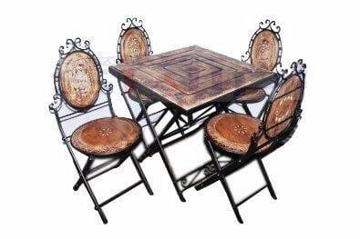 Stylish Wooden & Wrought Iron Folding Table with 4 Chair Set