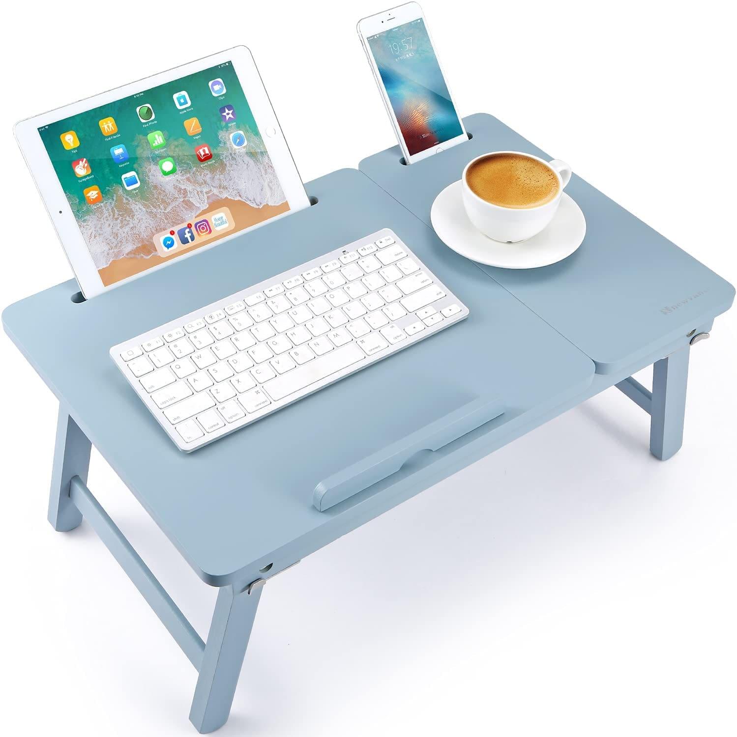 Foldable Wooden Laptop Desk Tray – With Drawer, Slots & Multi-Use Design
