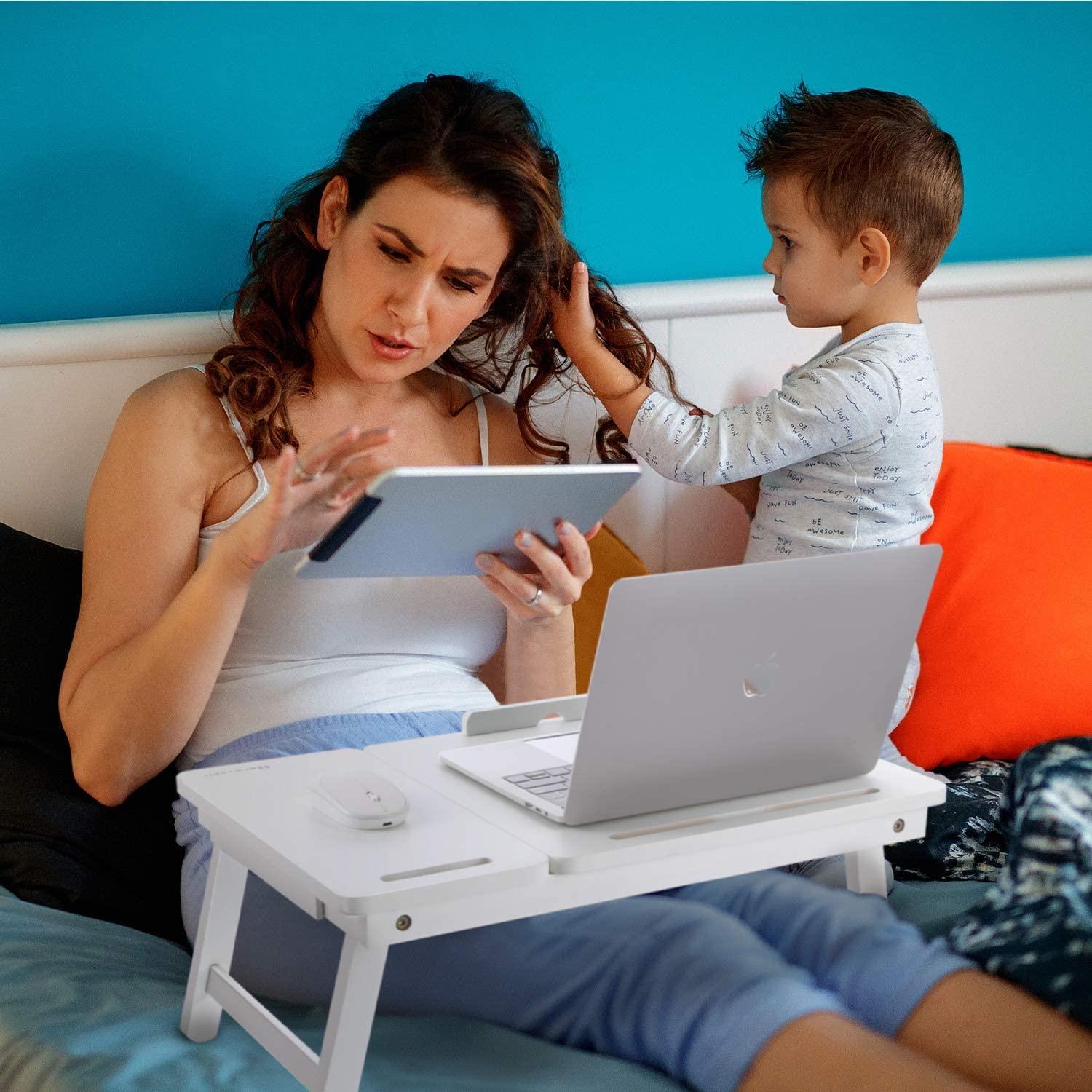 Foldable Wooden Laptop Desk Tray – With Drawer, Slots & Multi-Use Design
