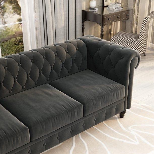3 Seater Chesterfield Couch Furniture,Classic Velvet Upholstered Sofa with Deep Tufted Back and Scroll Arms