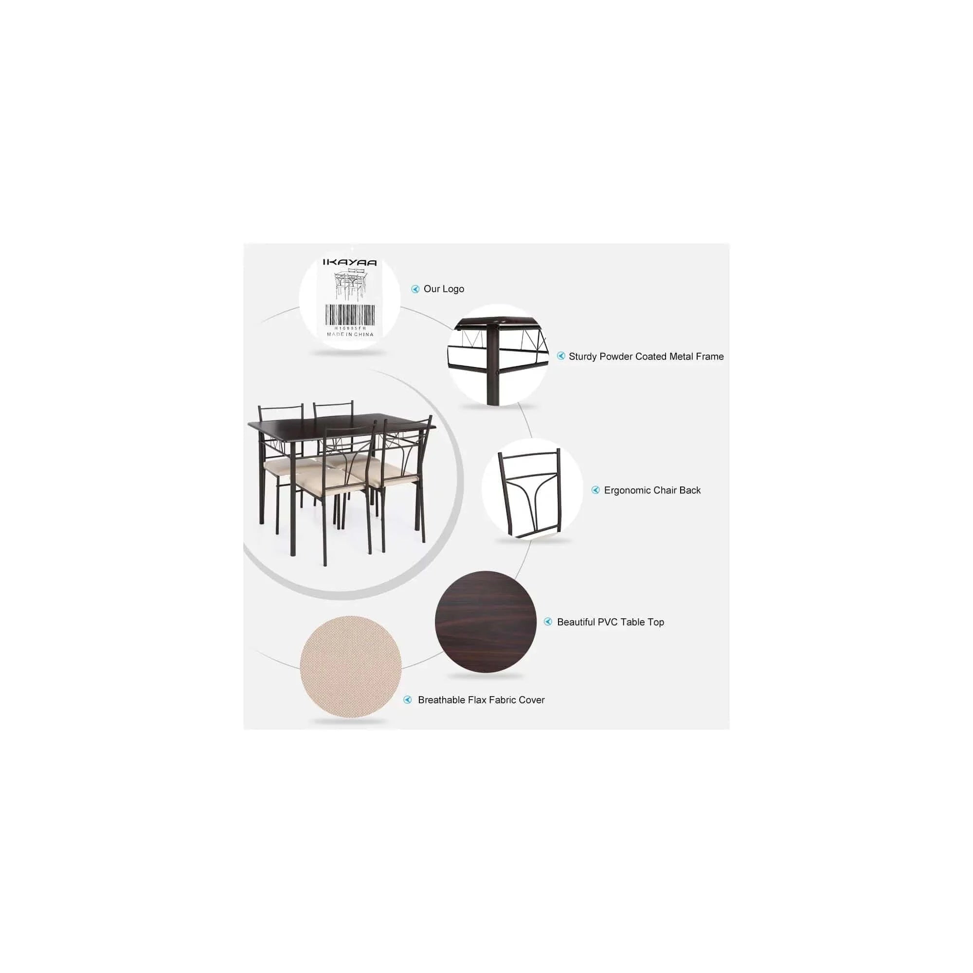 5-Pieces Modern Metal Frame Dining Kitchen Table Chairs Set for 4 Person Kitchen Furniture