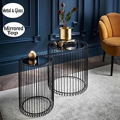 Nesting Black Wire End Tables with Mirrored Top – Set of 2 | Modern Art Deco Elegance