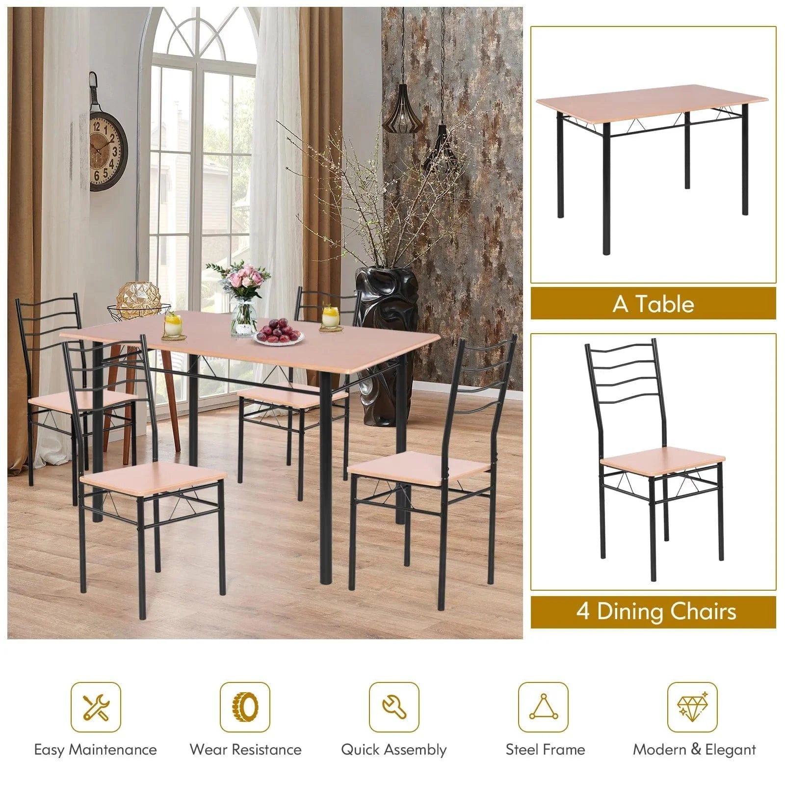 5-Pieces Dining Table Set 4 Chairs MDF Metal Frame Kitchen Furniture Brown