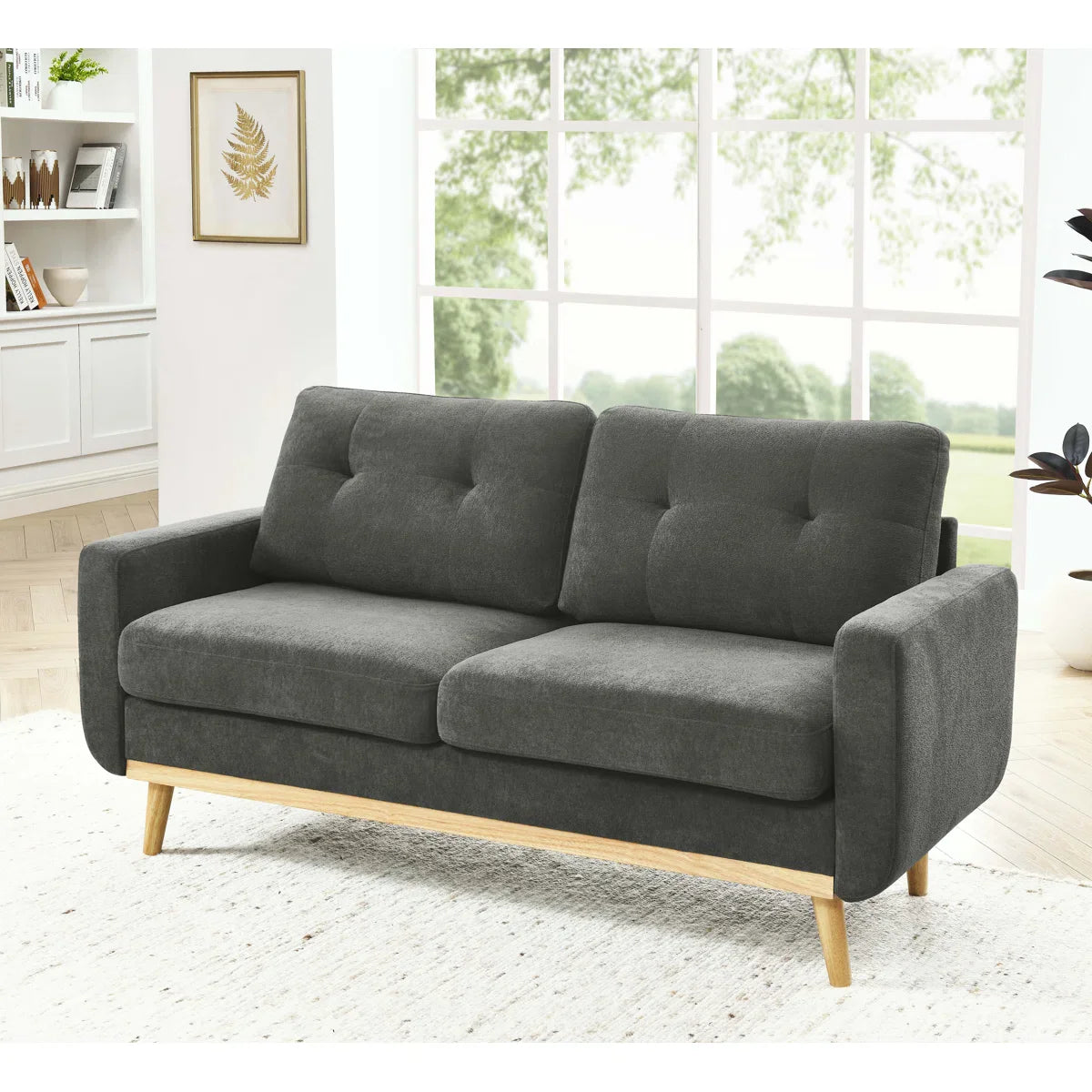Wide Mid-Century Modern Upholstered Tufted Loveseat Sofa With Wooden Legs
