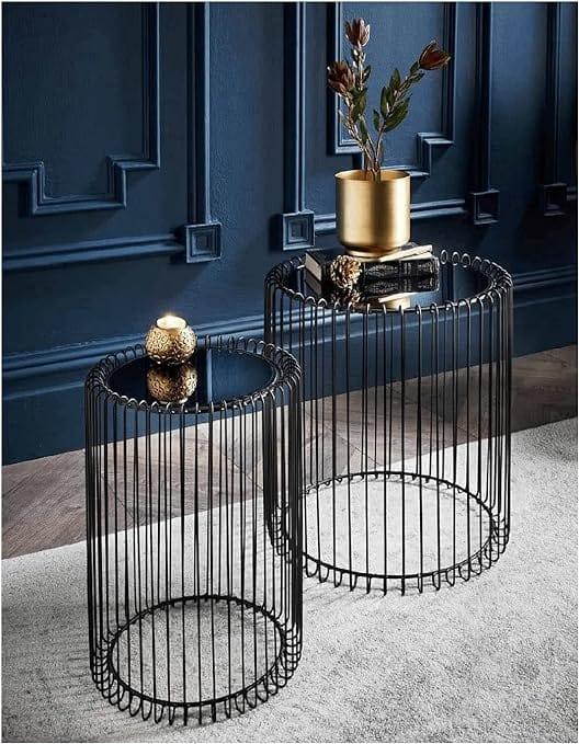 Nesting Black Wire End Tables with Mirrored Top – Set of 2 | Modern Art Deco Elegance