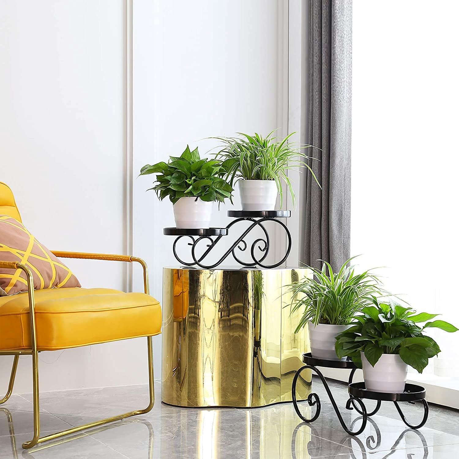 Plant Stand for Indoor Black Plant Stand Floor Flower Pot Plant Holder Indoor Outdoor Flower Rack Display for Flower Pot Metal Garden Container Round Supports Rack (2 Piece)