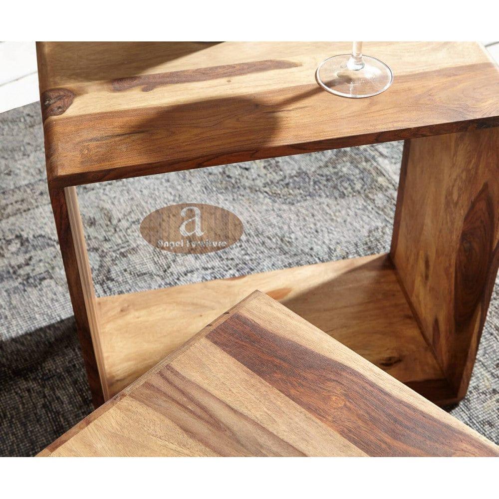 Handcrafted Sheesham Wood Side Table with Magazine Rack – Modern Wooden End Table for Living Room or Bedroom