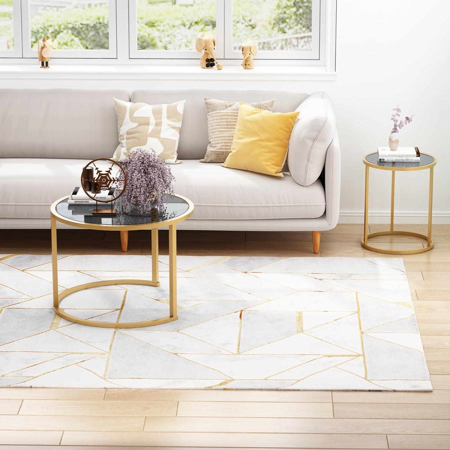 Gold Nesting Coffee Table Set of 2, Modern Tempered Glass Side Table, Metal Frame Table for Living Room, Office,Home Decor