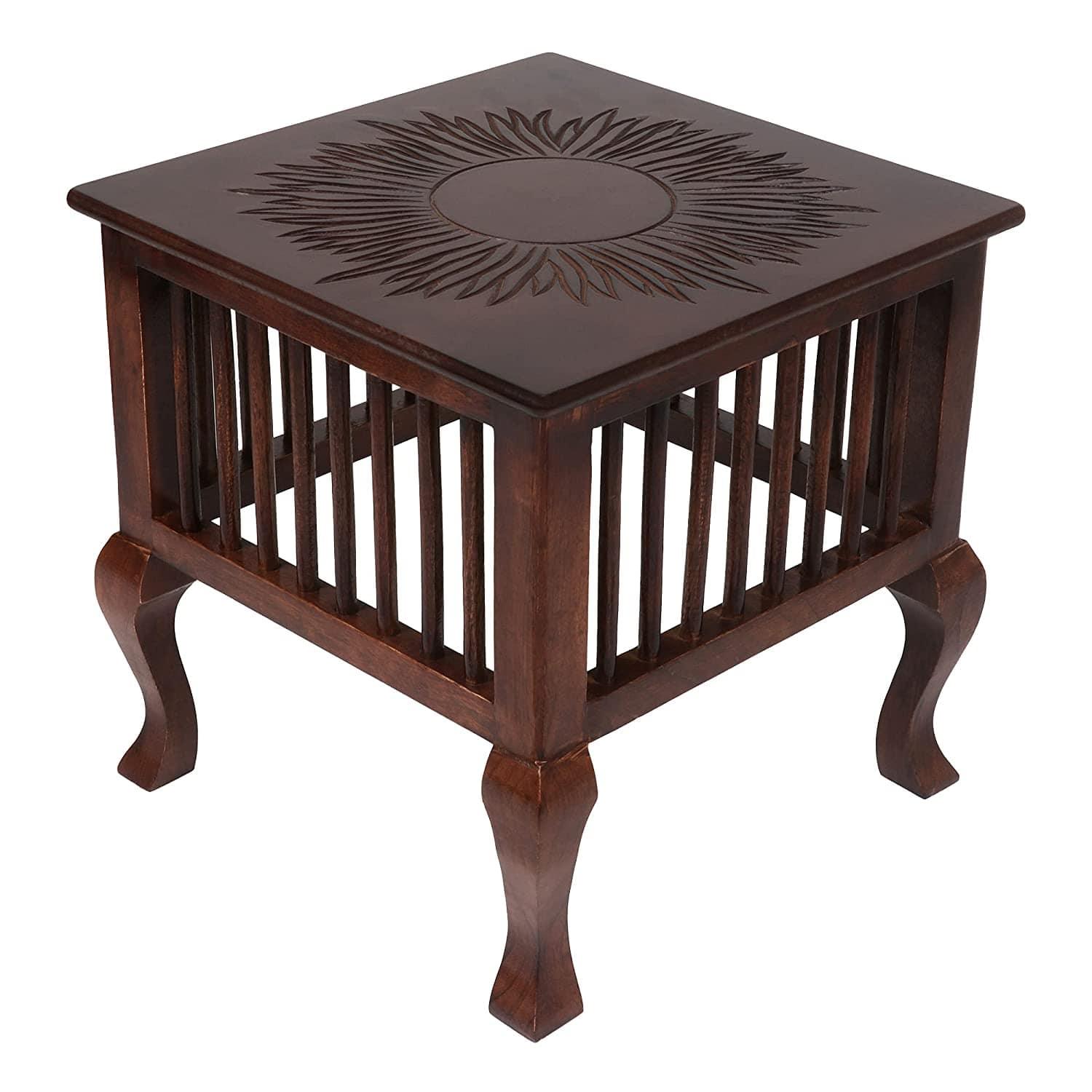Mango Wood Walnut Finish Handmade Carving Classic Side Table for Living Room