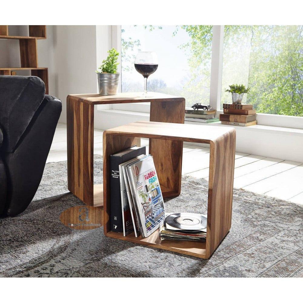 Handcrafted Sheesham Wood Side Table with Magazine Rack – Modern Wooden End Table for Living Room or Bedroom