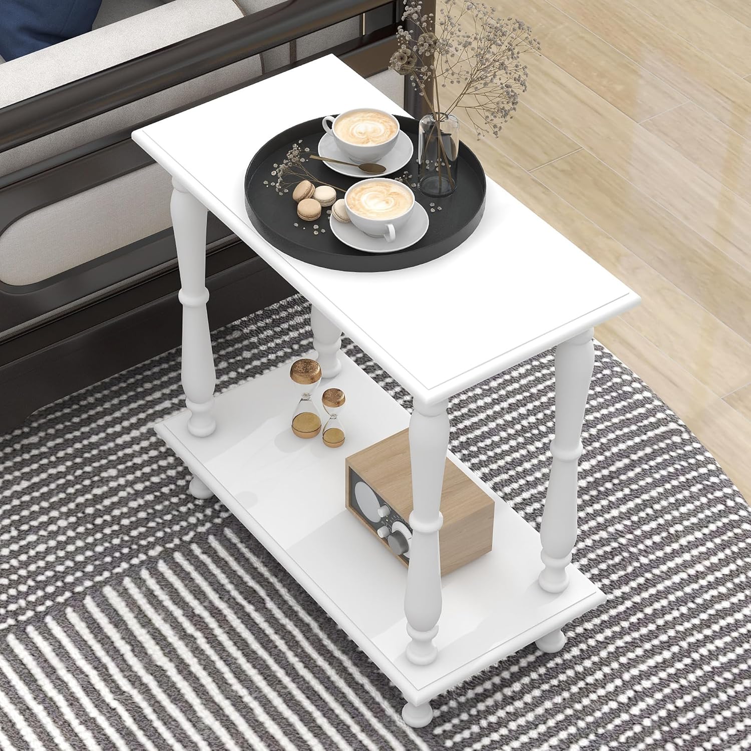 White 2-Tier Wooden Side Table – Vintage French Style for Living Room & Bedroom, Perfect for Small Spaces