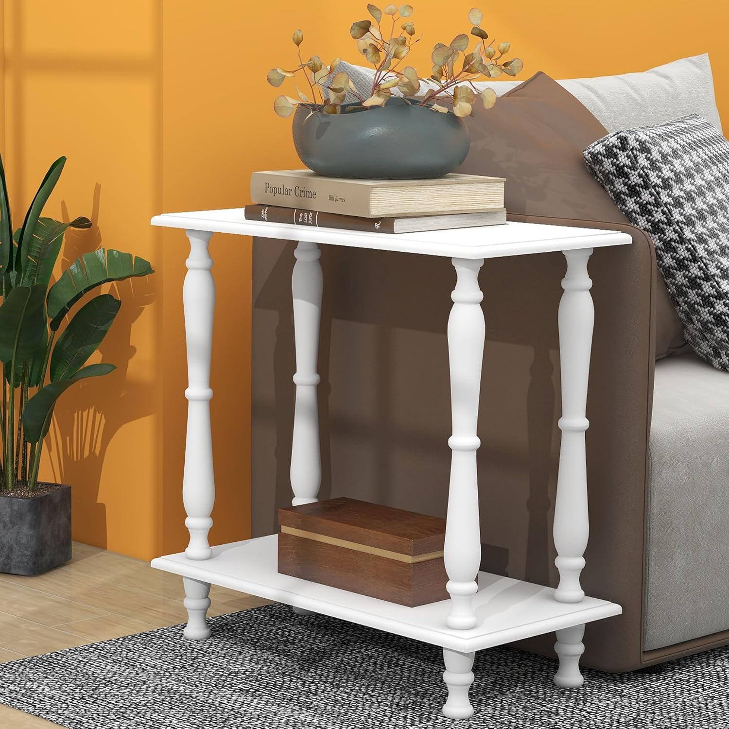 White 2-Tier Wooden Side Table – Vintage French Style for Living Room & Bedroom, Perfect for Small Spaces