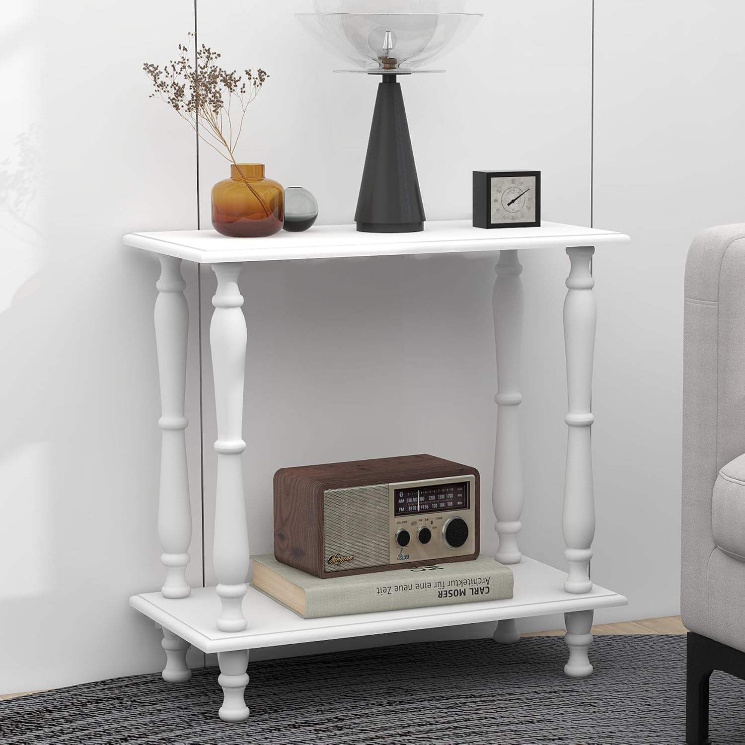 White 2-Tier Wooden Side Table – Vintage French Style for Living Room & Bedroom, Perfect for Small Spaces