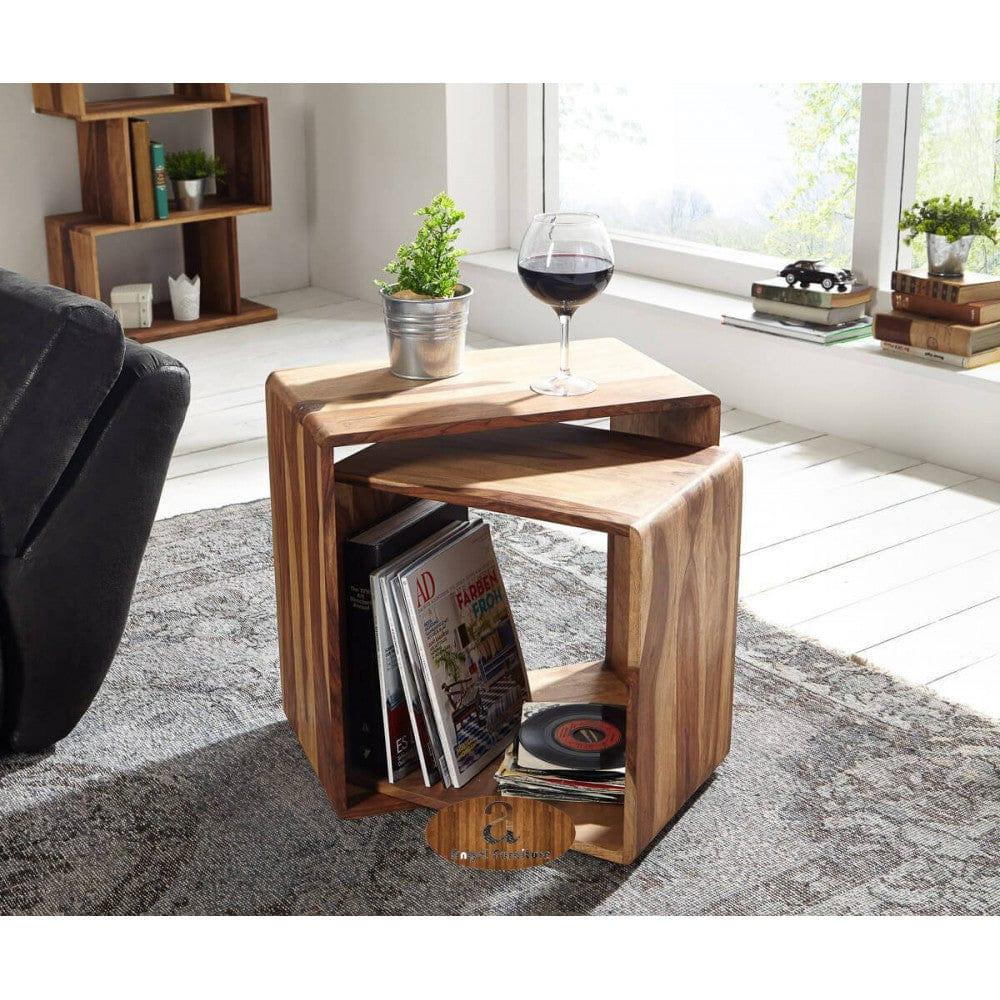 Handcrafted Sheesham Wood Side Table with Magazine Rack – Modern Wooden End Table for Living Room or Bedroom