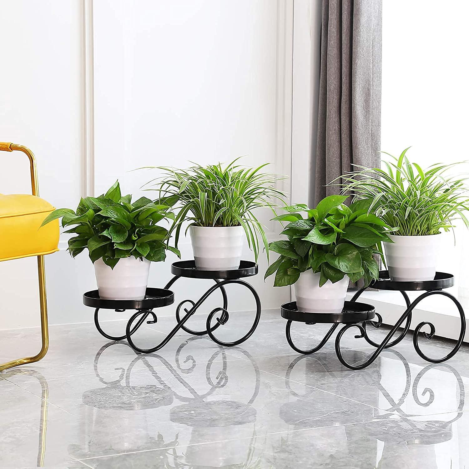 Plant Stand for Indoor Black Plant Stand Floor Flower Pot Plant Holder Indoor Outdoor Flower Rack Display for Flower Pot Metal Garden Container Round Supports Rack (2 Piece)