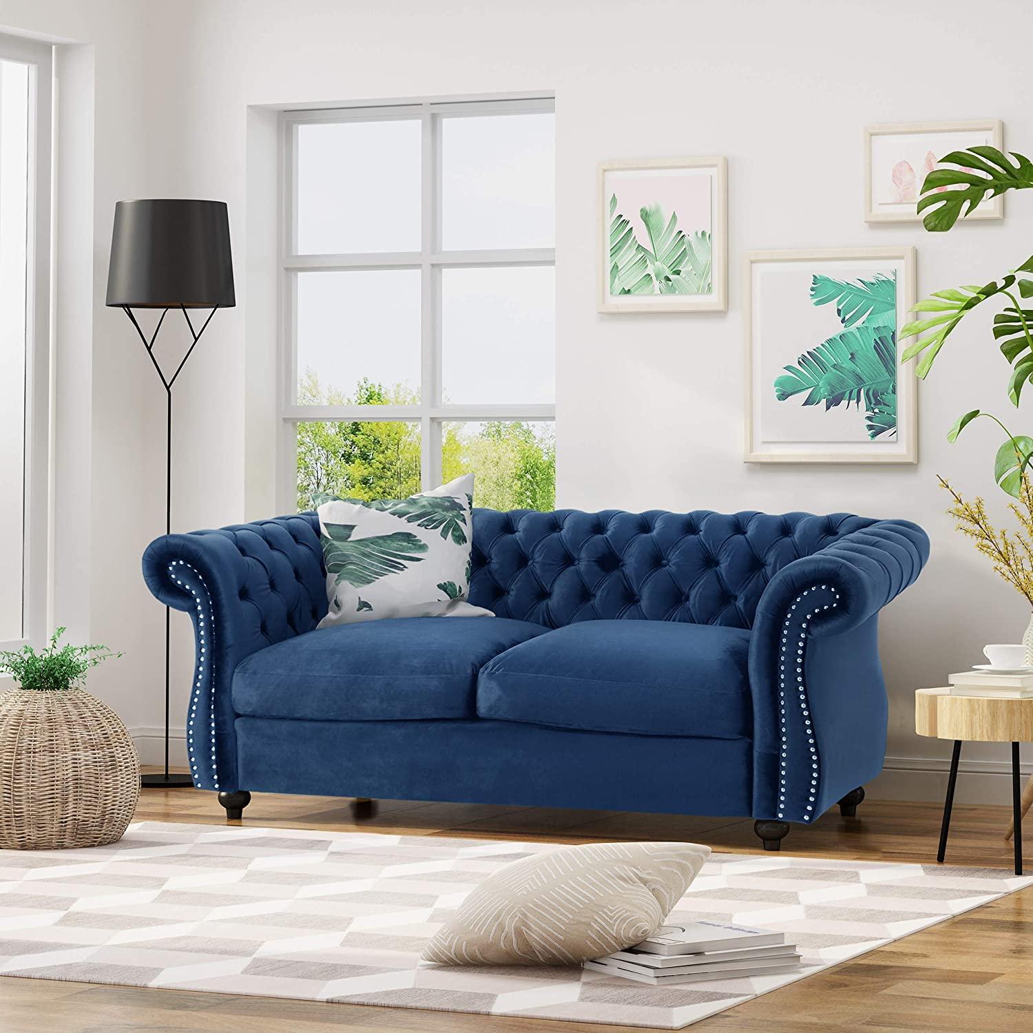 Karen Traditional Chesterfield Loveseat Sofa, Navy Blue and Dark Brown, 61.75 x 33.75 x 27.75