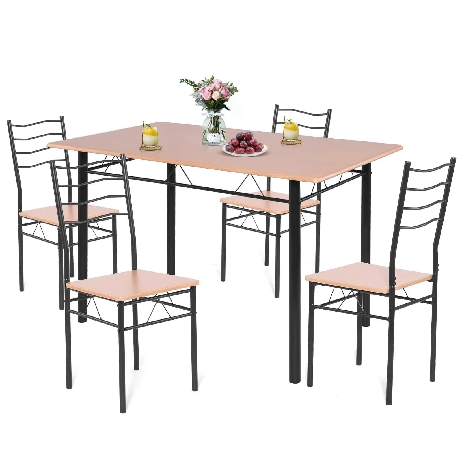 5-Pieces Dining Table Set 4 Chairs MDF Metal Frame Kitchen Furniture Brown