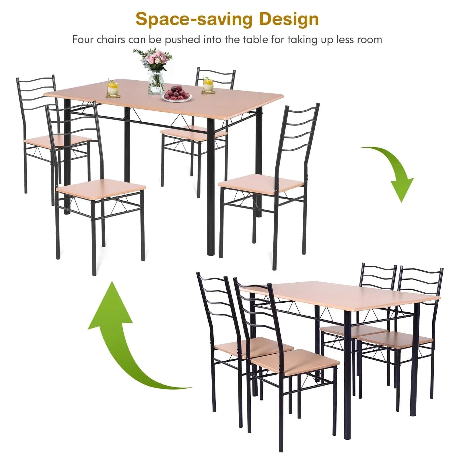 5-Pieces Dining Table Set 4 Chairs MDF Metal Frame Kitchen Furniture Brown