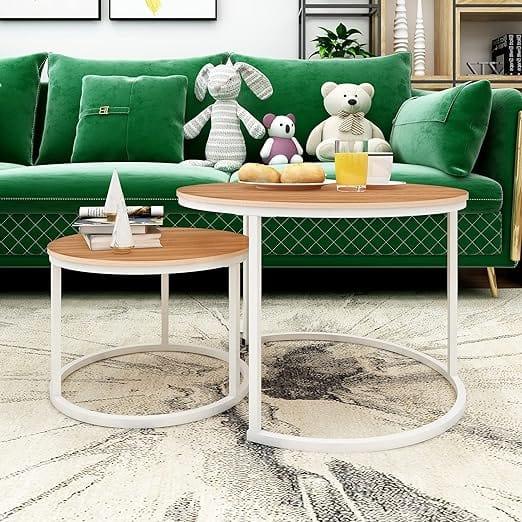 Round Nesting Coffee Table Modern Nesting Side Set of 2 End Table for Living Room Balcony Garden