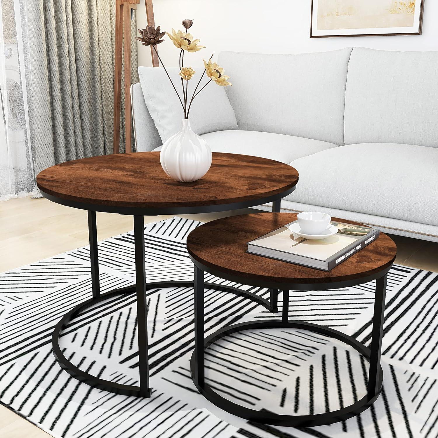 Round Nesting Coffee Table Modern Nesting Side Set of 2 End Table for Living Room Balcony Garden