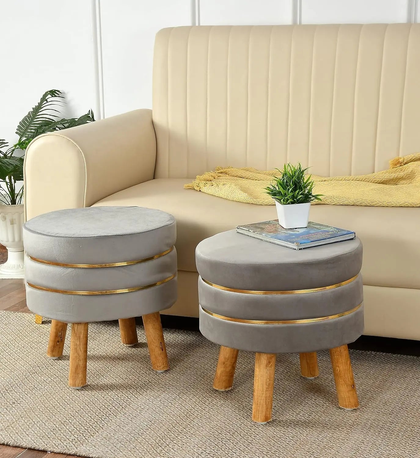 Ottoman Stool for Living Room โ Set of 2 (Grey, 16x16x18)
