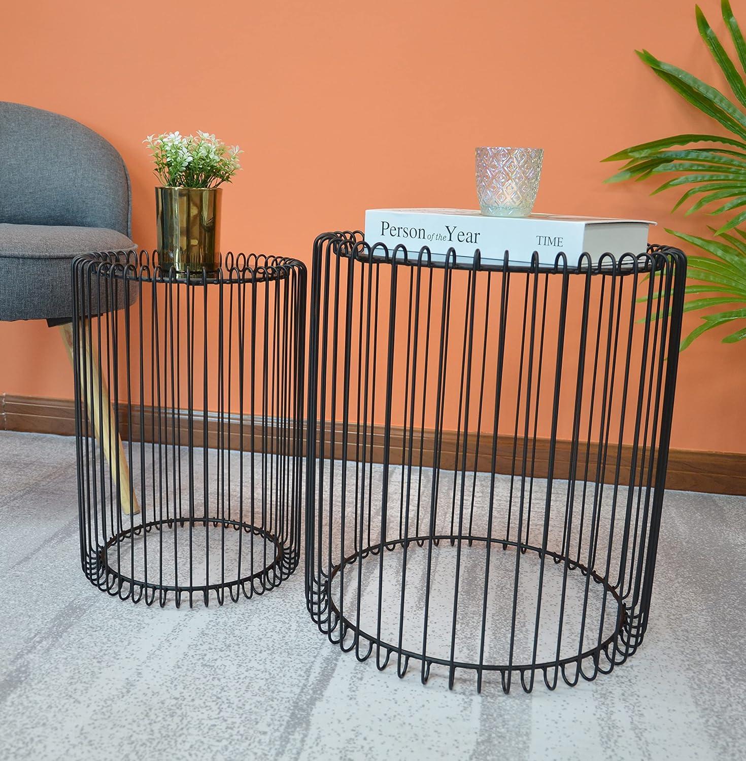 Nesting Black Wire End Tables with Mirrored Top – Set of 2 | Modern Art Deco Elegance