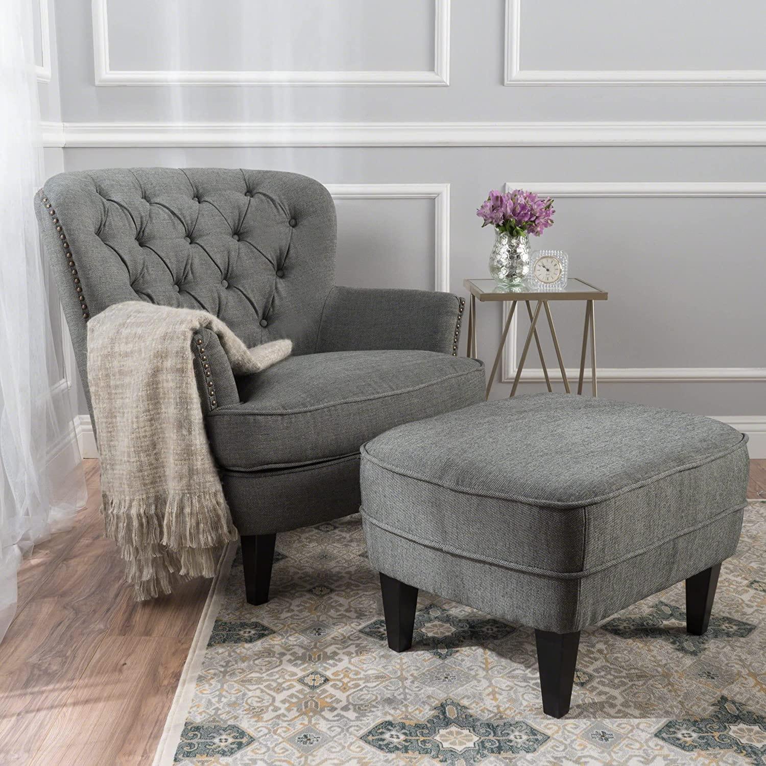 Tafton Fabric Club Chair and Ottoman Grey