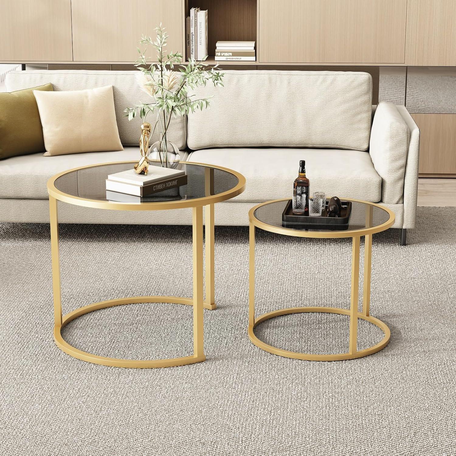 Gold Nesting Coffee Table Set of 2, Modern Tempered Glass Side Table, Metal Frame Table for Living Room, Office,Home Decor