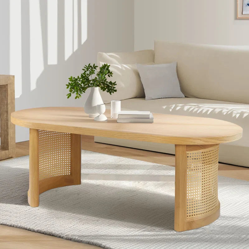 Oval Solid White Oak Rattan Coffee Table