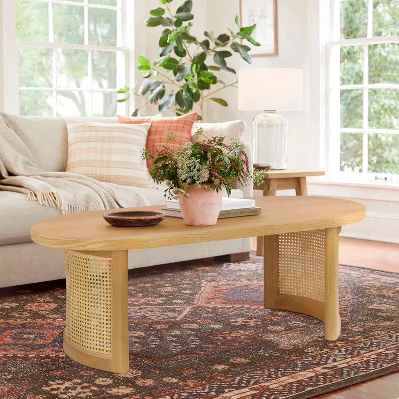 Oval Solid White Oak Rattan Coffee Table