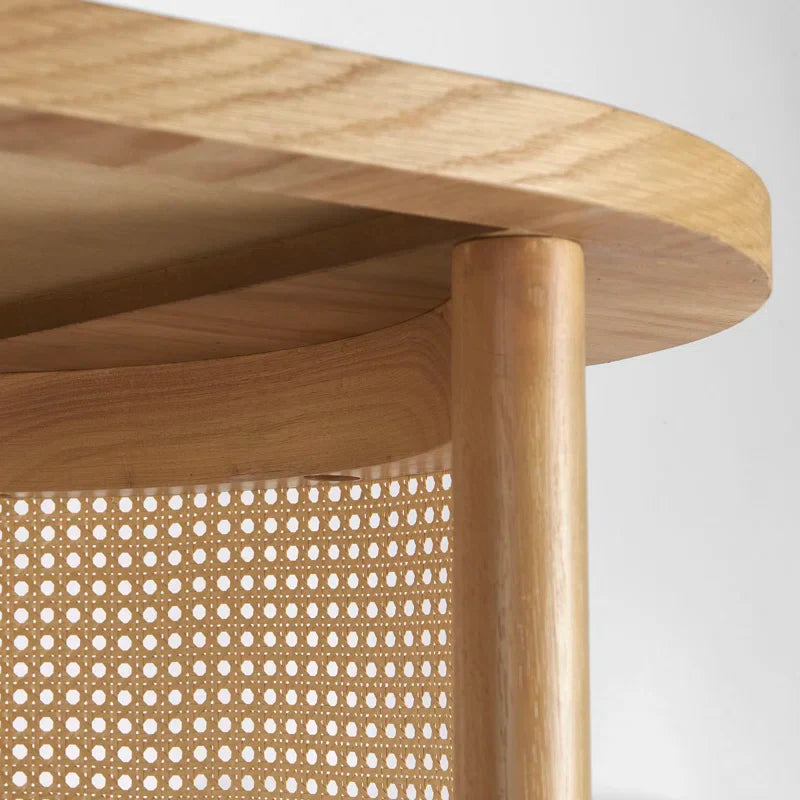 Oval Solid White Oak Rattan Coffee Table