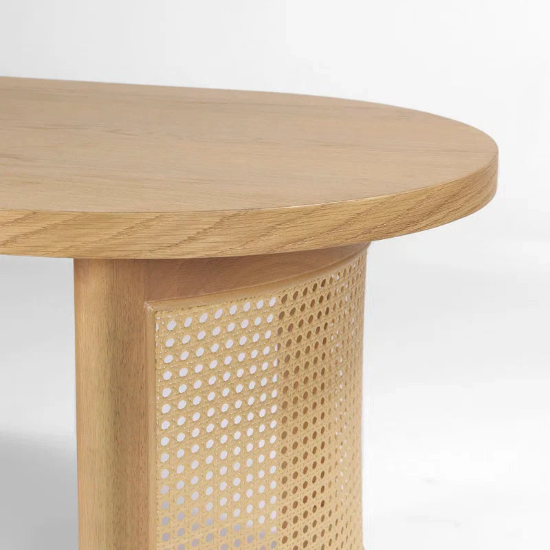Oval Solid White Oak Rattan Coffee Table