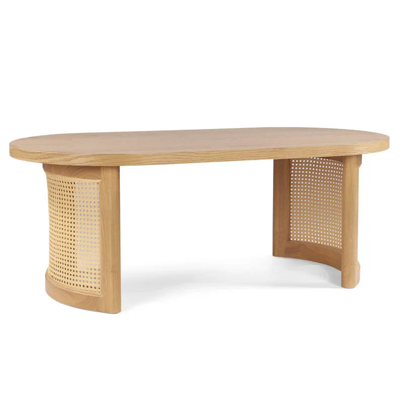 Oval Solid White Oak Rattan Coffee Table