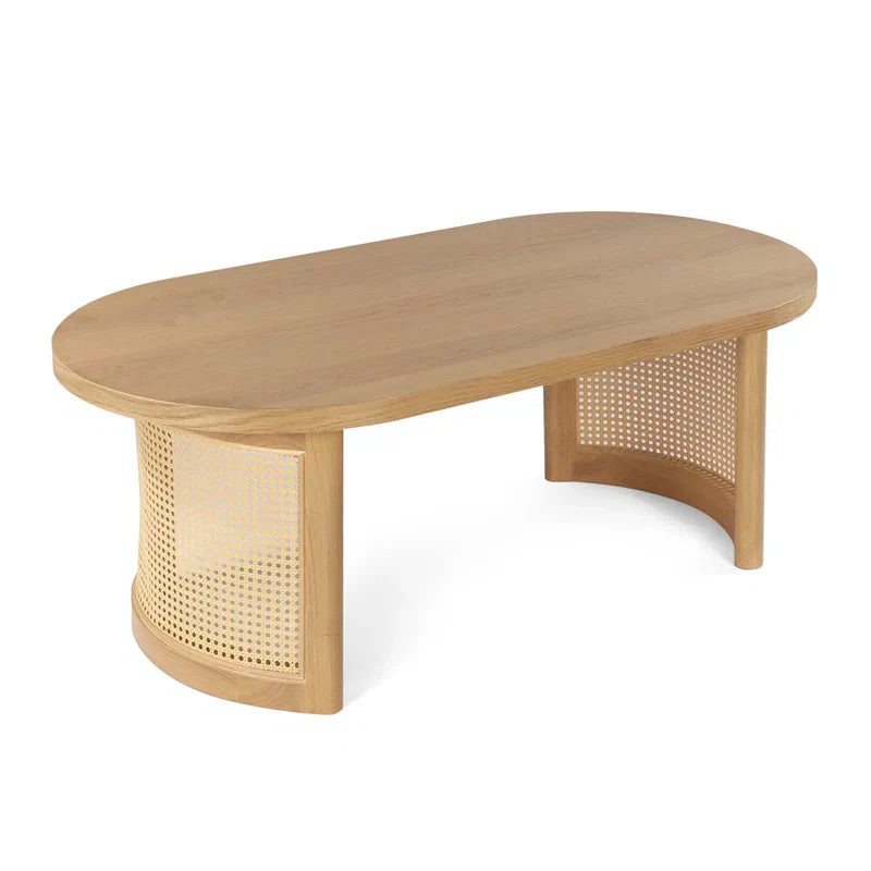Oval Solid White Oak Rattan Coffee Table