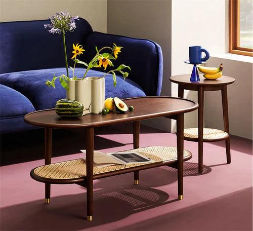 soundrya Coffee Table with Rattan Shelf Storage